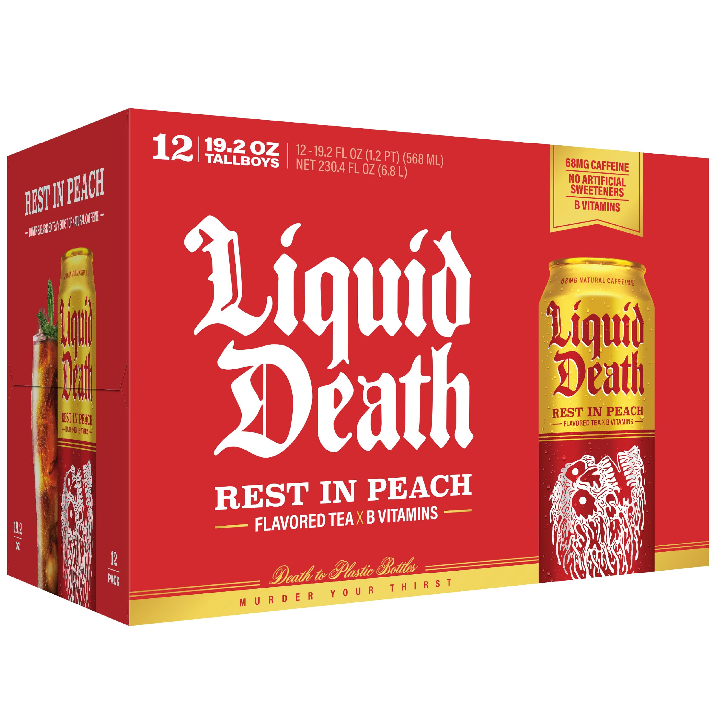 Liquid Death comparación de tamaño en mano resaltando porción king size