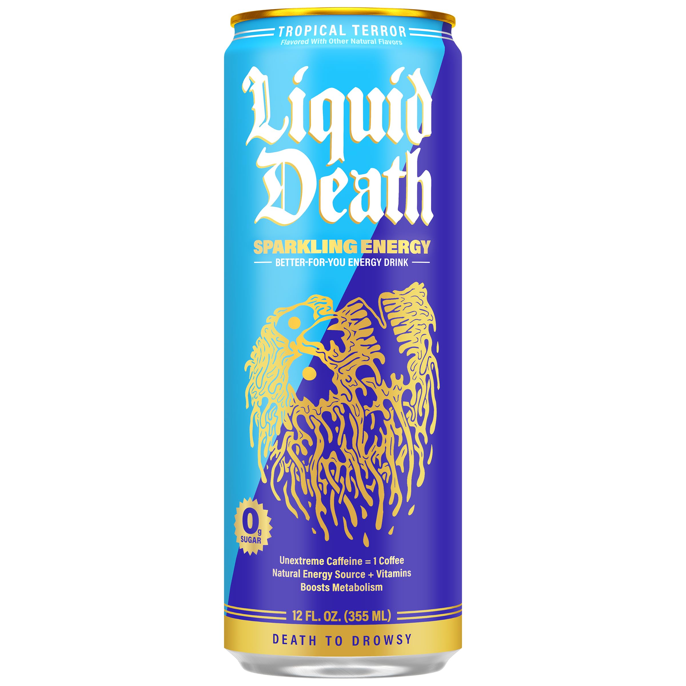 Liquid Death side label close-up showing ingredients, vitamins, and zero sugar callout