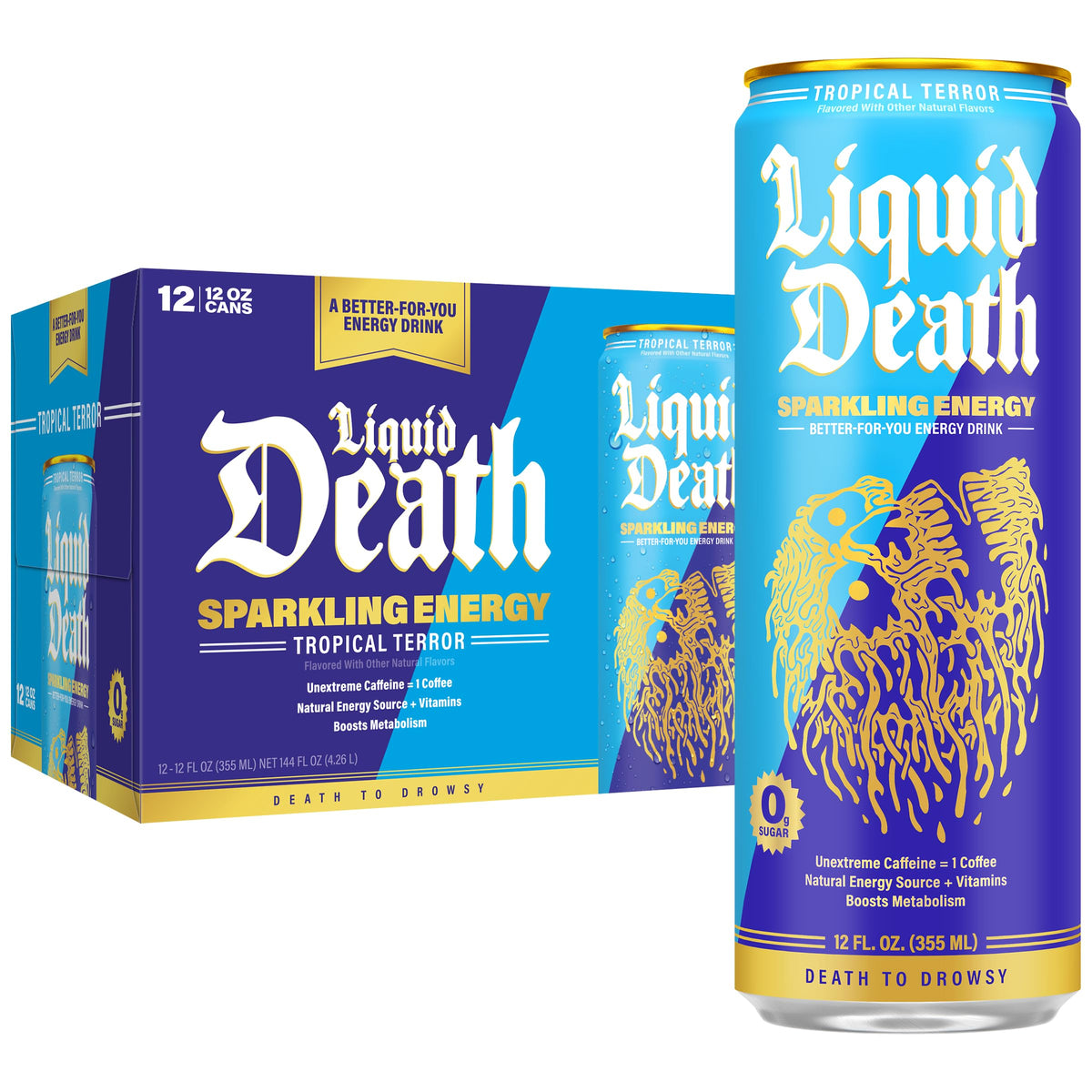 Liquid Death front can view showing Tropical Terror piña colada branding and bright design