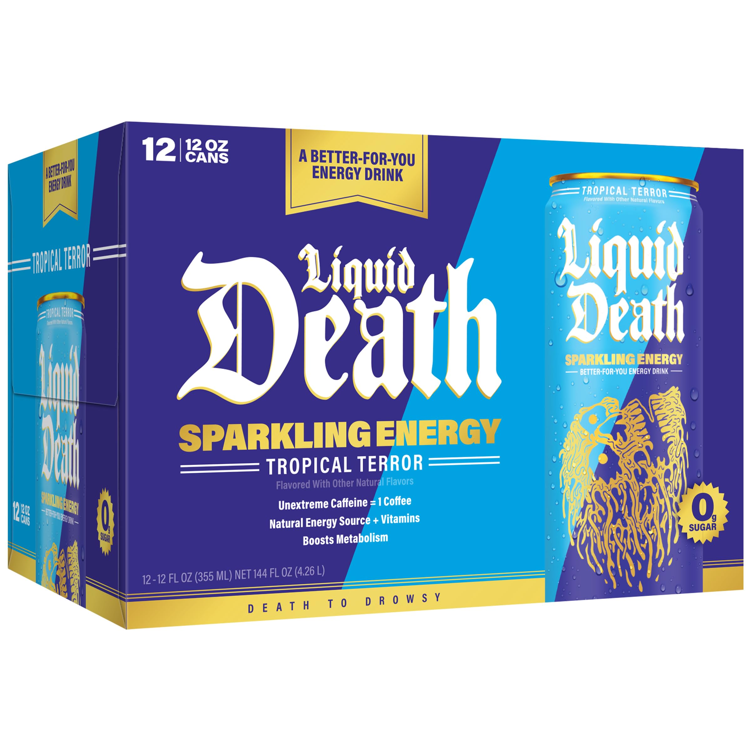 Liquid Death twelve-pack display of cans for bulk purchase convenience and storage