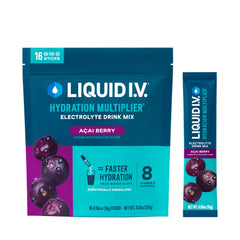 Liquid I.V. frente del empaque mostrando 16 sobres y diseño de marca, conveniencia portátil