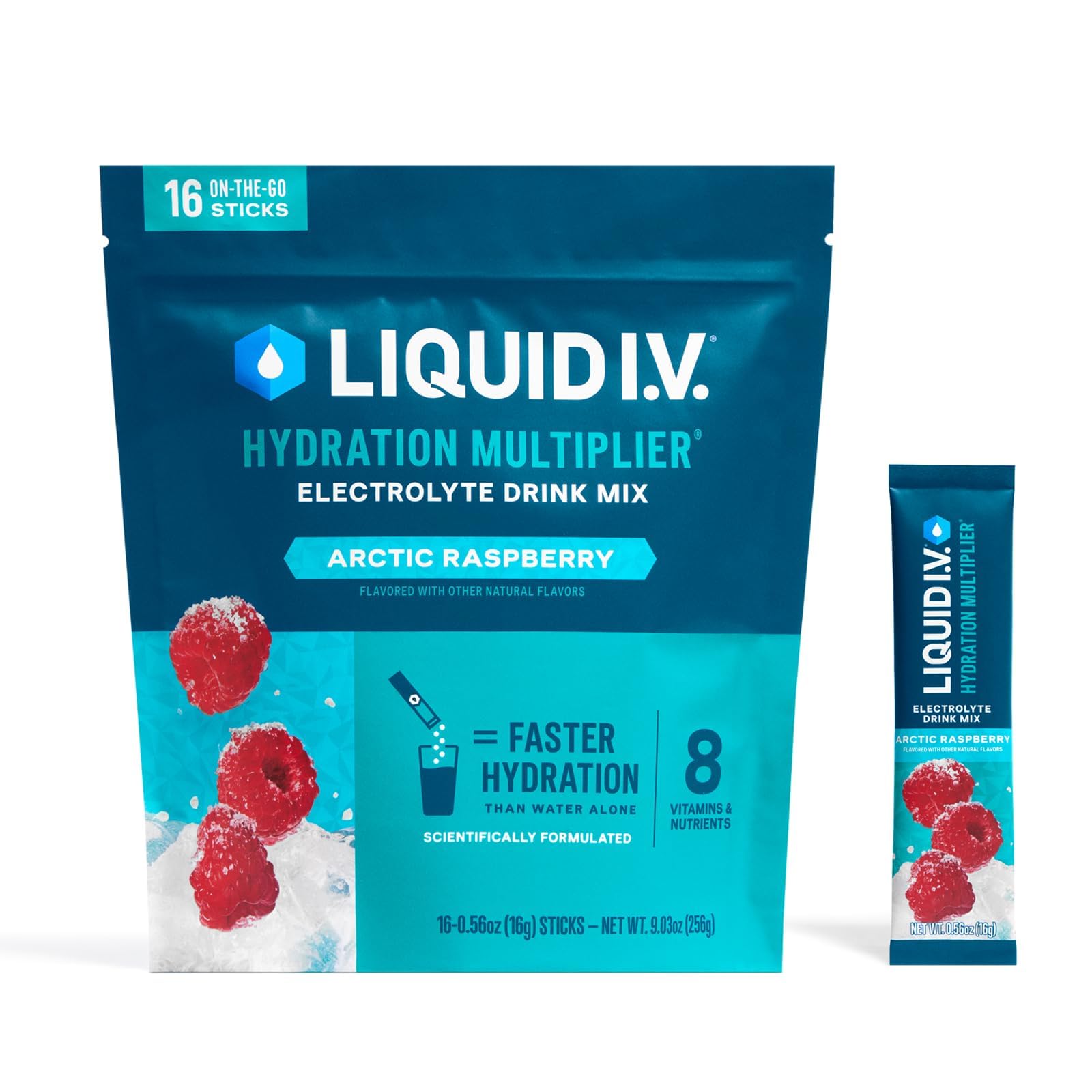 Liquid I.V. frontal del paquete mostrando 16 sobres para hidratación rápida