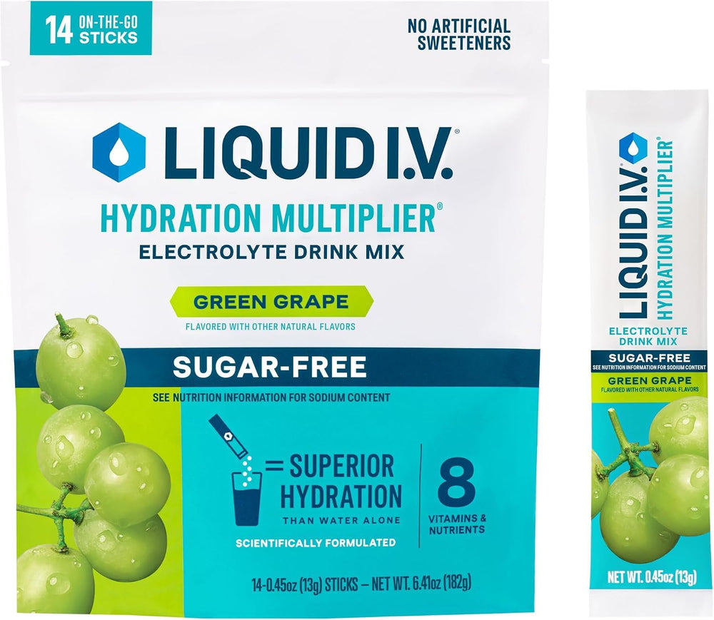 Liquid I.V. embalaje frontal sabor uva verde mostrando caja y marca, ideal para identificación rápida