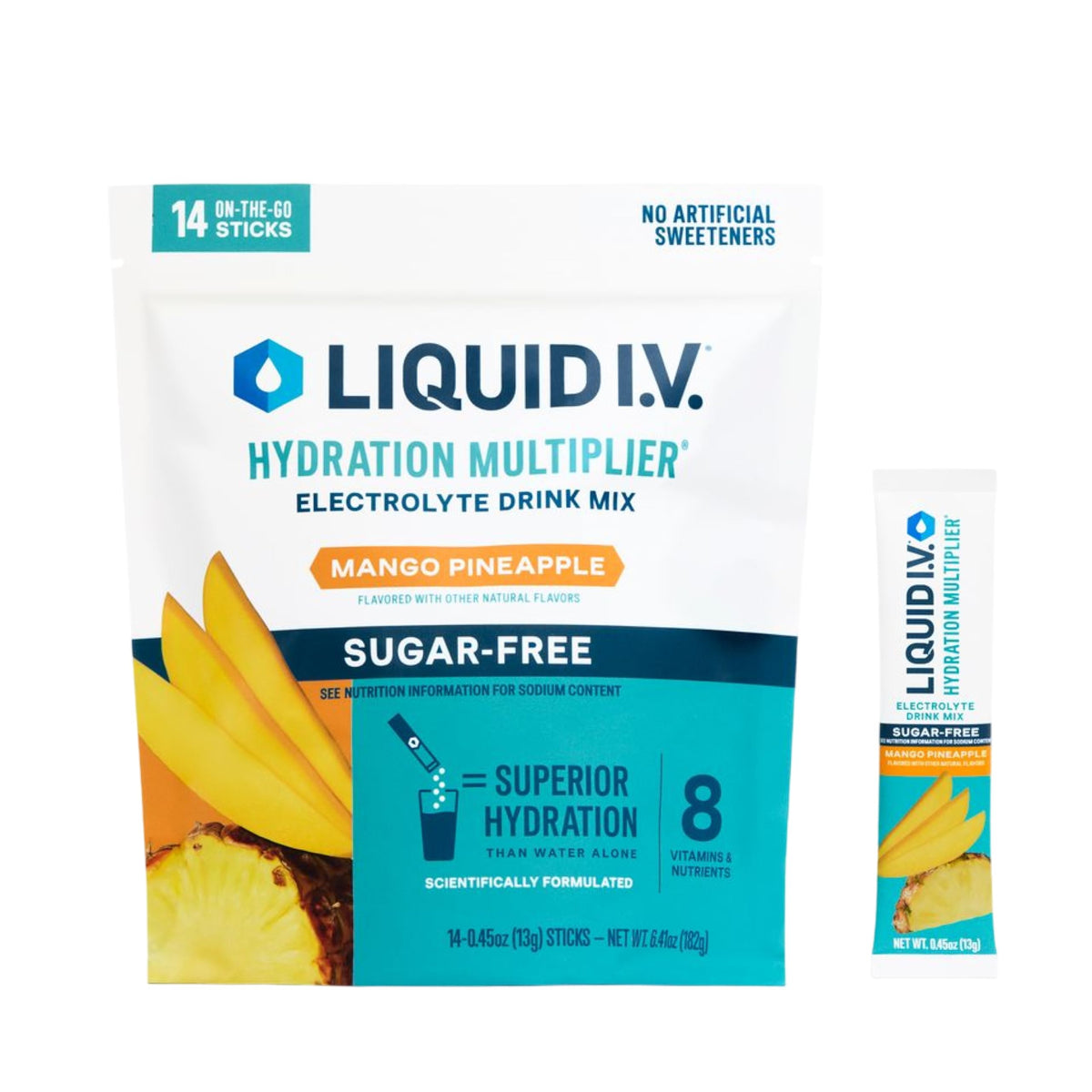 Liquid I.V. caja frontal Mango Pineapple mostrando conveniencia y sabor