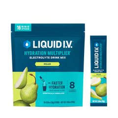 Liquid I.V. vista frontal del empaque sabor Pera, fácil identificación y transporte