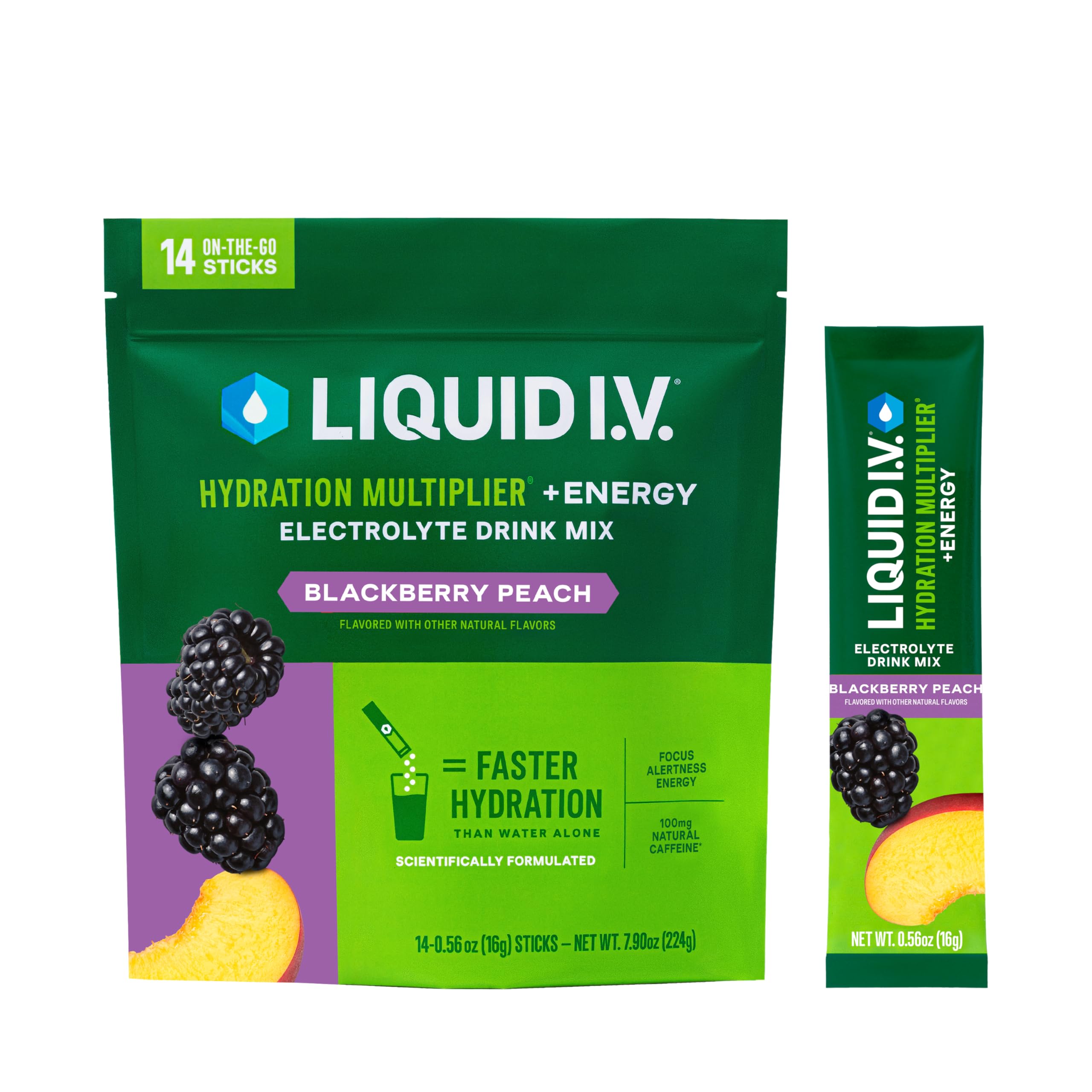 Liquid I.V. frente del empaque mostrando 14 sobres y beneficios de hidratación