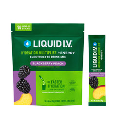 Liquid I.V. frente del empaque mostrando 14 sobres y beneficios de hidratación