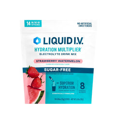 Liquid I.V. empaque frontal mostrando sobres y beneficios de hidratación