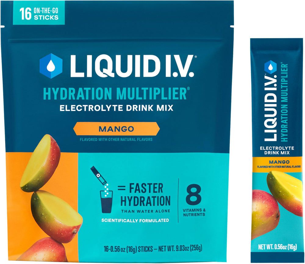 Liquid I.V. frente del empaque mango mostrando la caja y beneficio de hidratación rápida