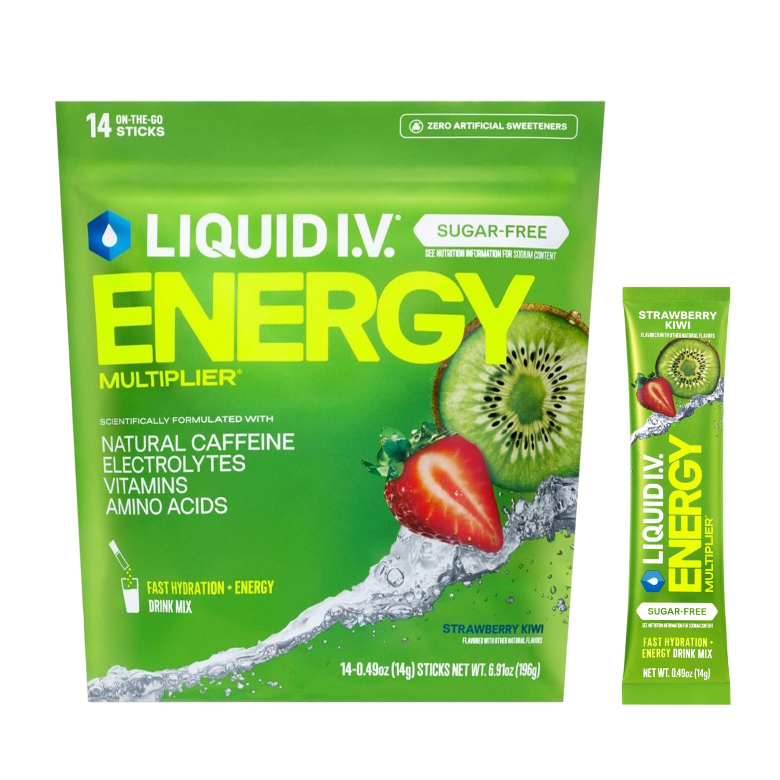 Liquid I.V. empaque frontal mostrando 14 sobres y sabor Fresa Kiwi beneficios claros