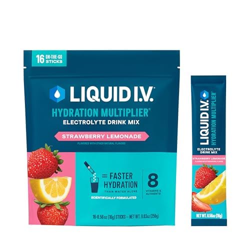 Liquid I.V. caja frontal Strawberry Lemonade mostrando sobres fáciles