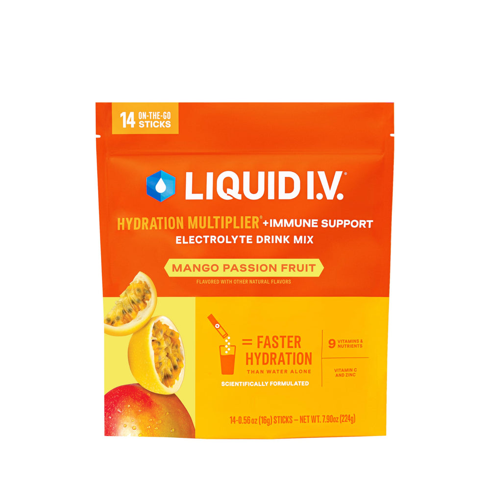 Liquid I.V. empaque frontal mango passionfruit mostrando 14 sobres y beneficio hidratación rápida