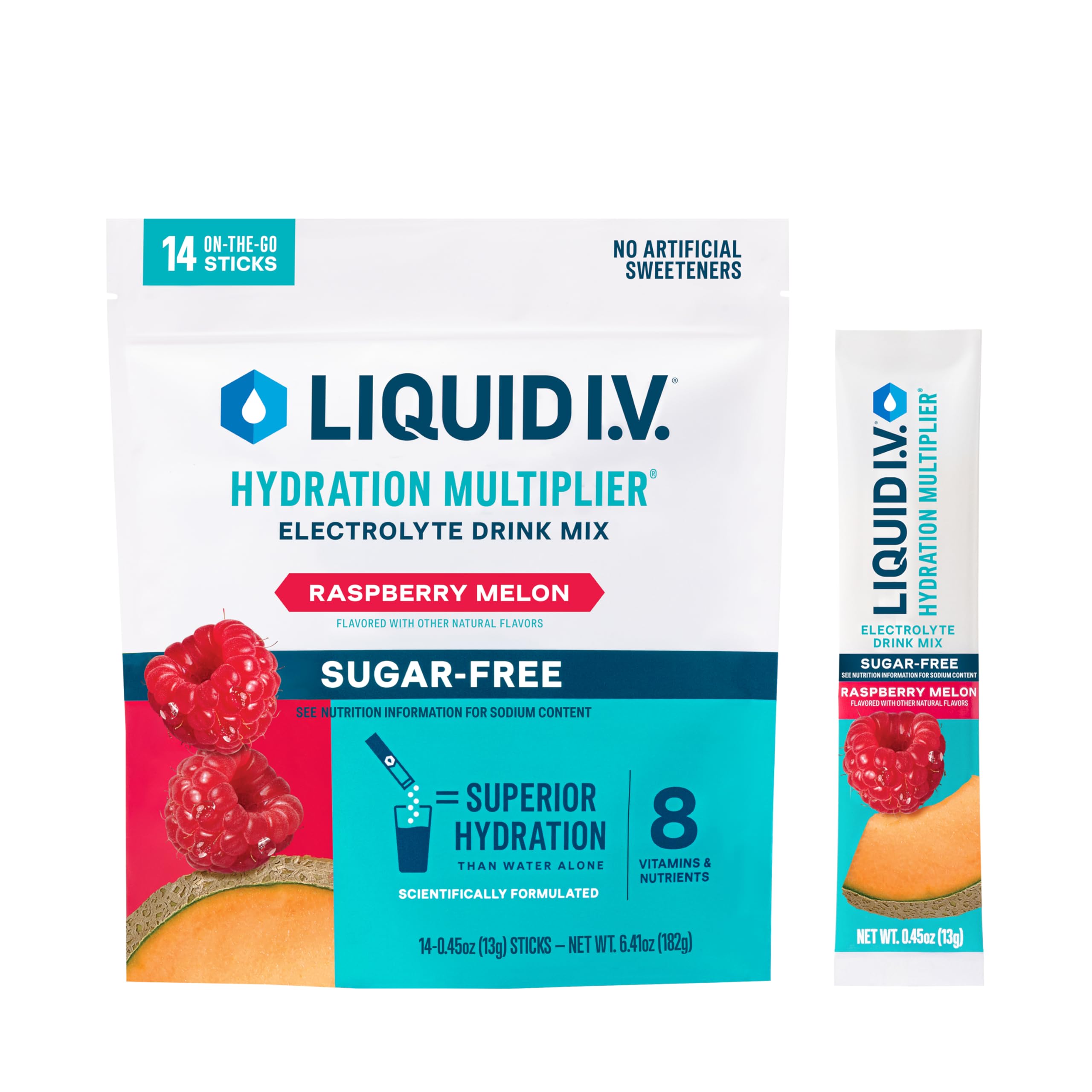 Liquid I.V. frontal del paquete Raspberry Melon mostrando diseño y cantidad