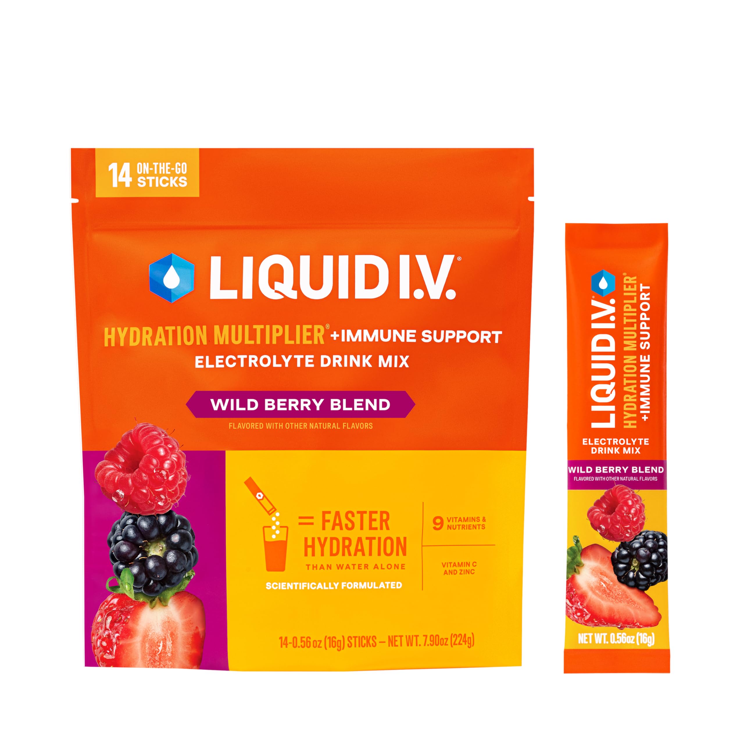Liquid I.V. frontal del empaque Wild Berry mostrando 14 sobres y beneficios