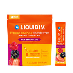 Liquid I.V. frontal del empaque Wild Berry mostrando 14 sobres y beneficios