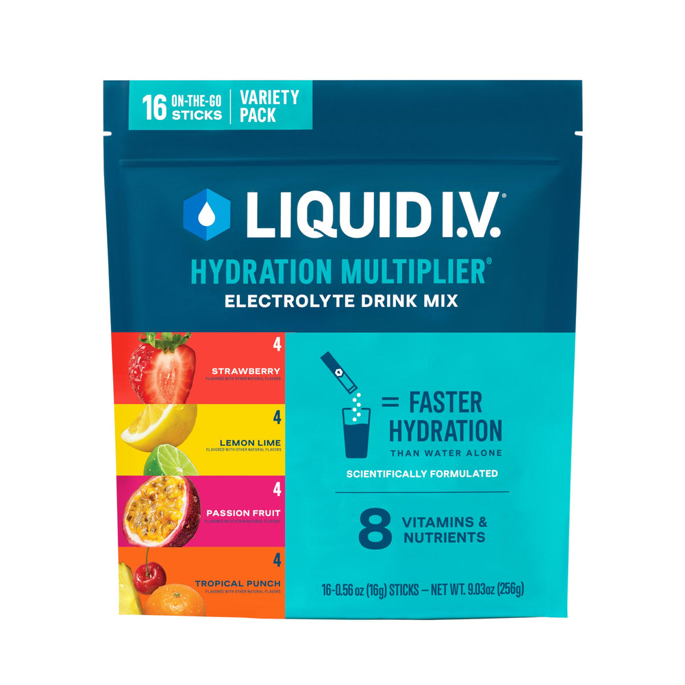 Liquid I.V. paquete frontal variedad mostrando 16 sobres y beneficios de hidratación