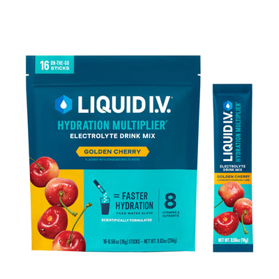 Liquid I.V. front packet showing Golden Cherry flavor and quick hydration benefits