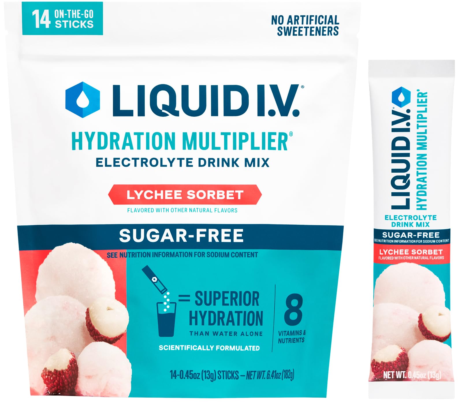 Liquid I.V. frente del empaque mostrando 14 sobres y beneficio portabilidad
