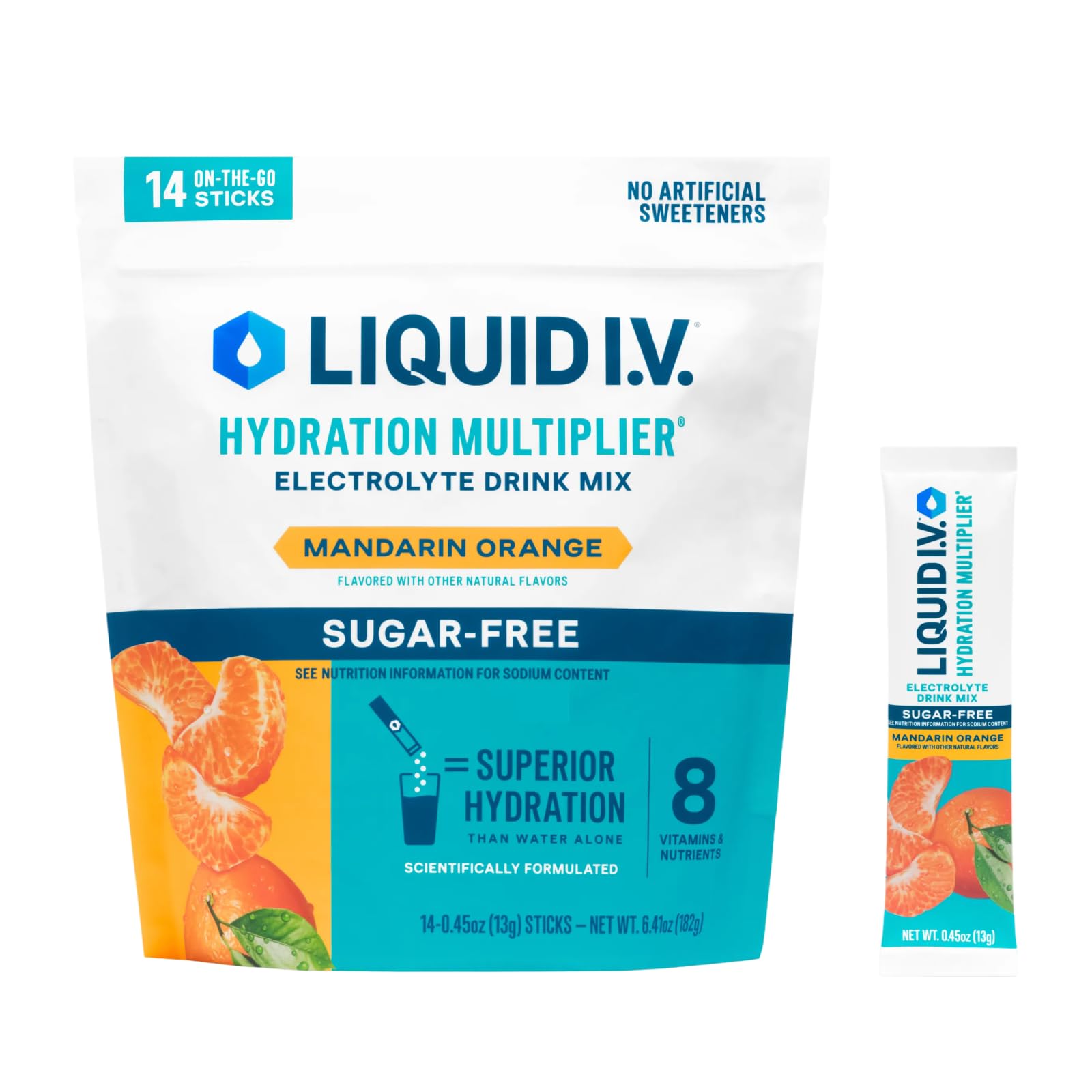 Liquid I.V. frente del empaque mostrando 14 sobres y sabor mandarina