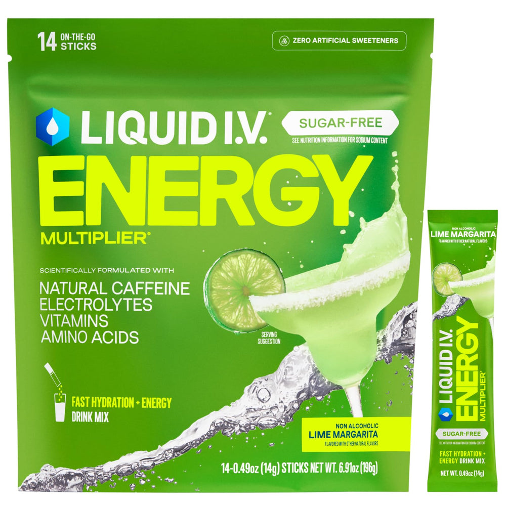 Liquid I.V. frente del empaque mostrando sabor Margarita Mocktail y beneficios