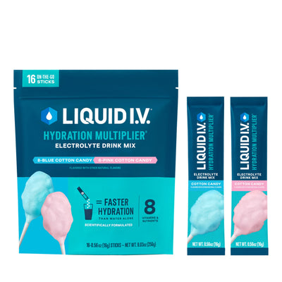 Liquid I.V. paquete frontal mostrando 16 sobres y diseño atractivo