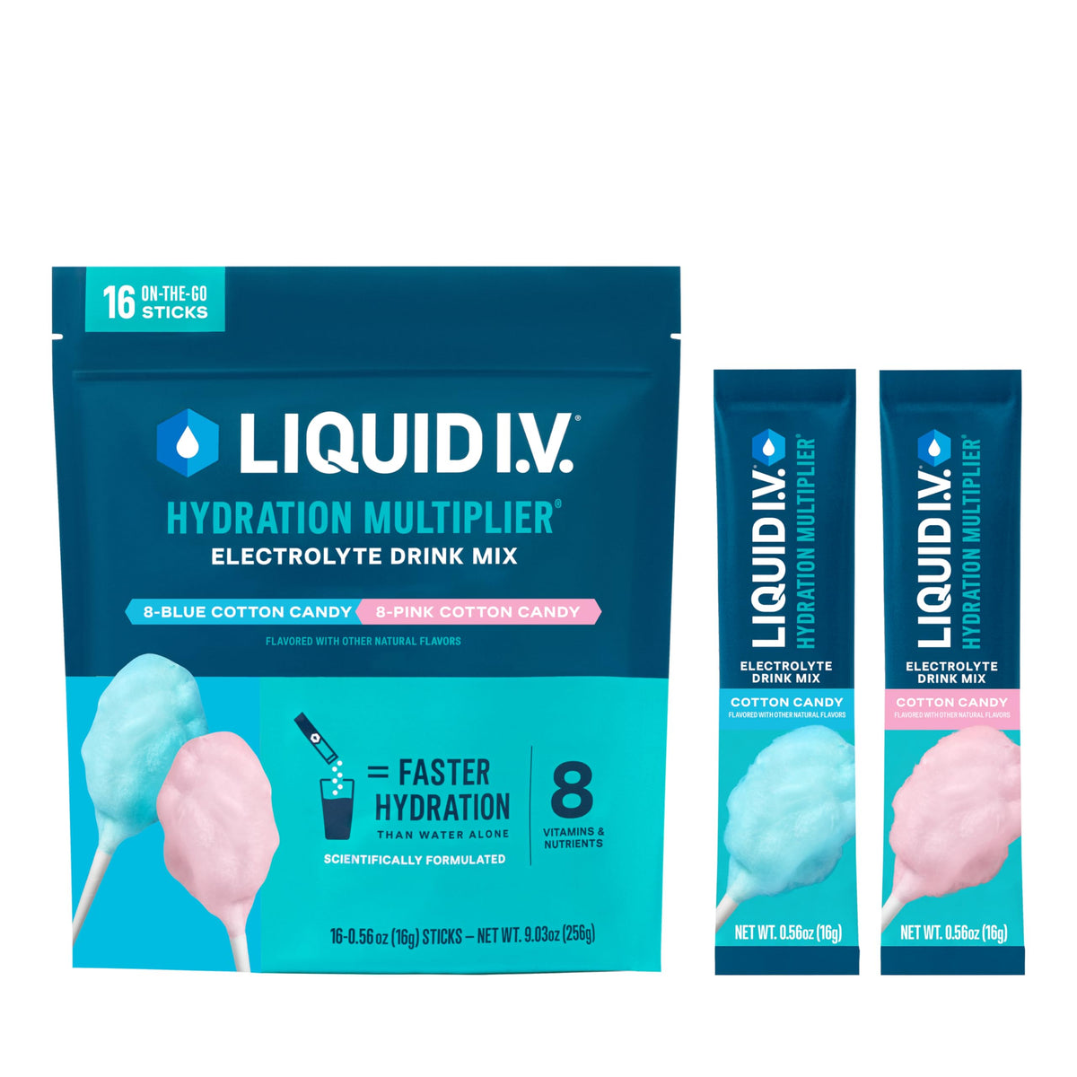 Liquid I.V. paquete frontal mostrando 16 sobres y diseño atractivo