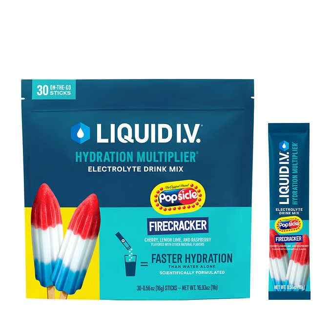 Liquid I.V. empaque frontal mostrando 30 sticks y beneficio hidratación portátil