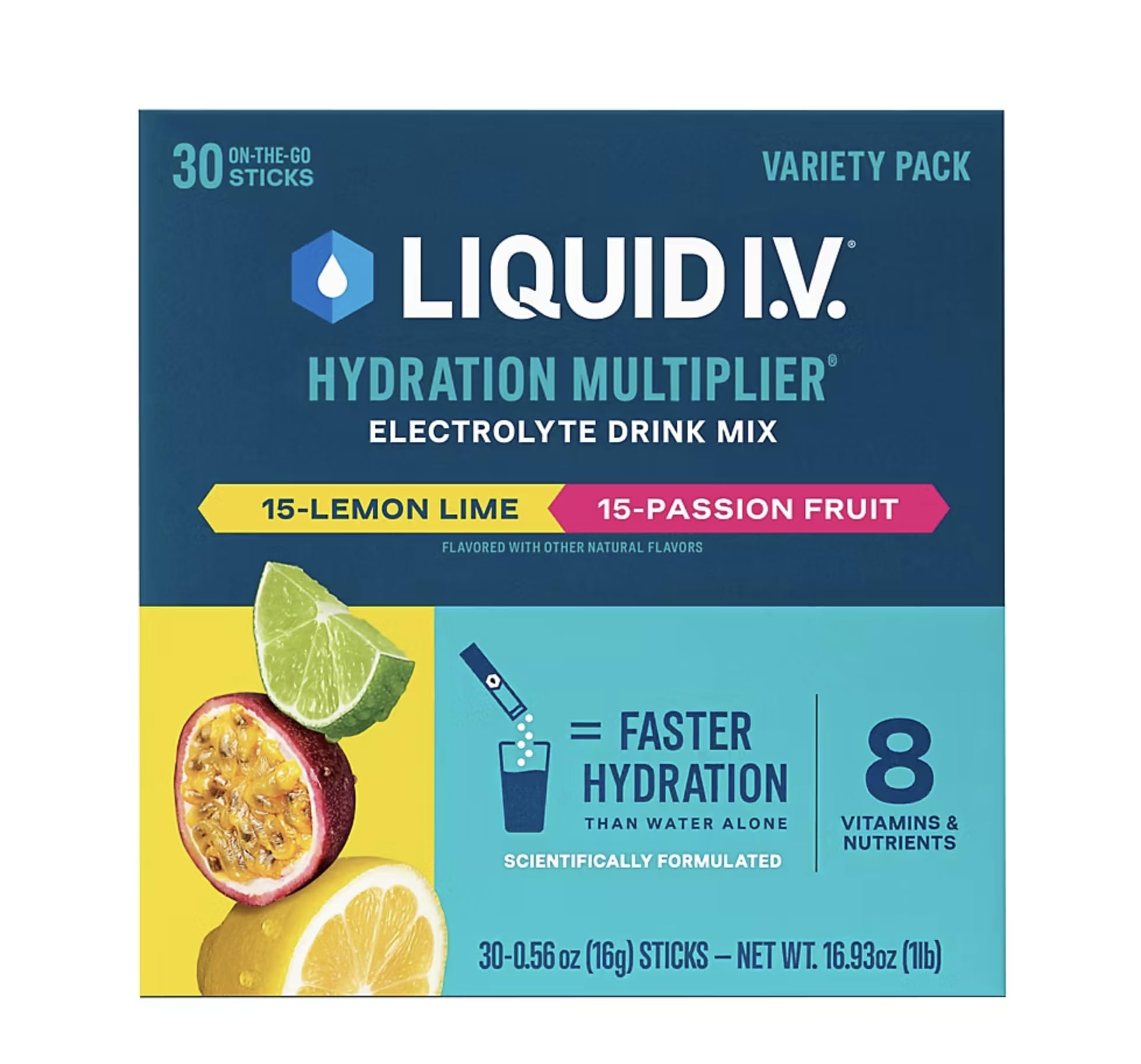 Liquid I.V. frontal del pack mostrando los sobres y beneficios visibles