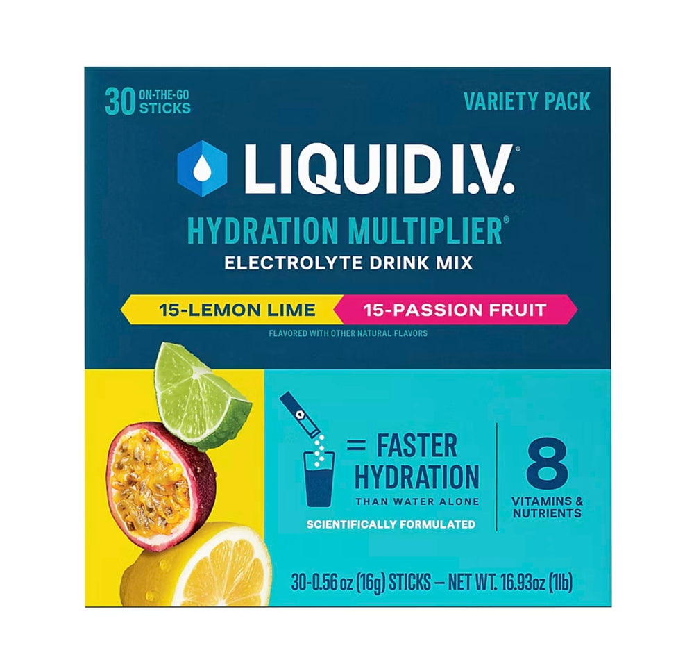 Liquid I.V. frontal del pack mostrando los sobres y beneficios visibles