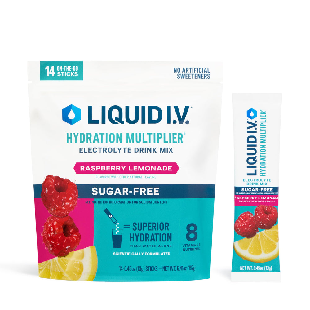 Liquid I.V. empaque frontal de Raspberry Lemonade mostrando caja de 14 sobres para hidratación rápida