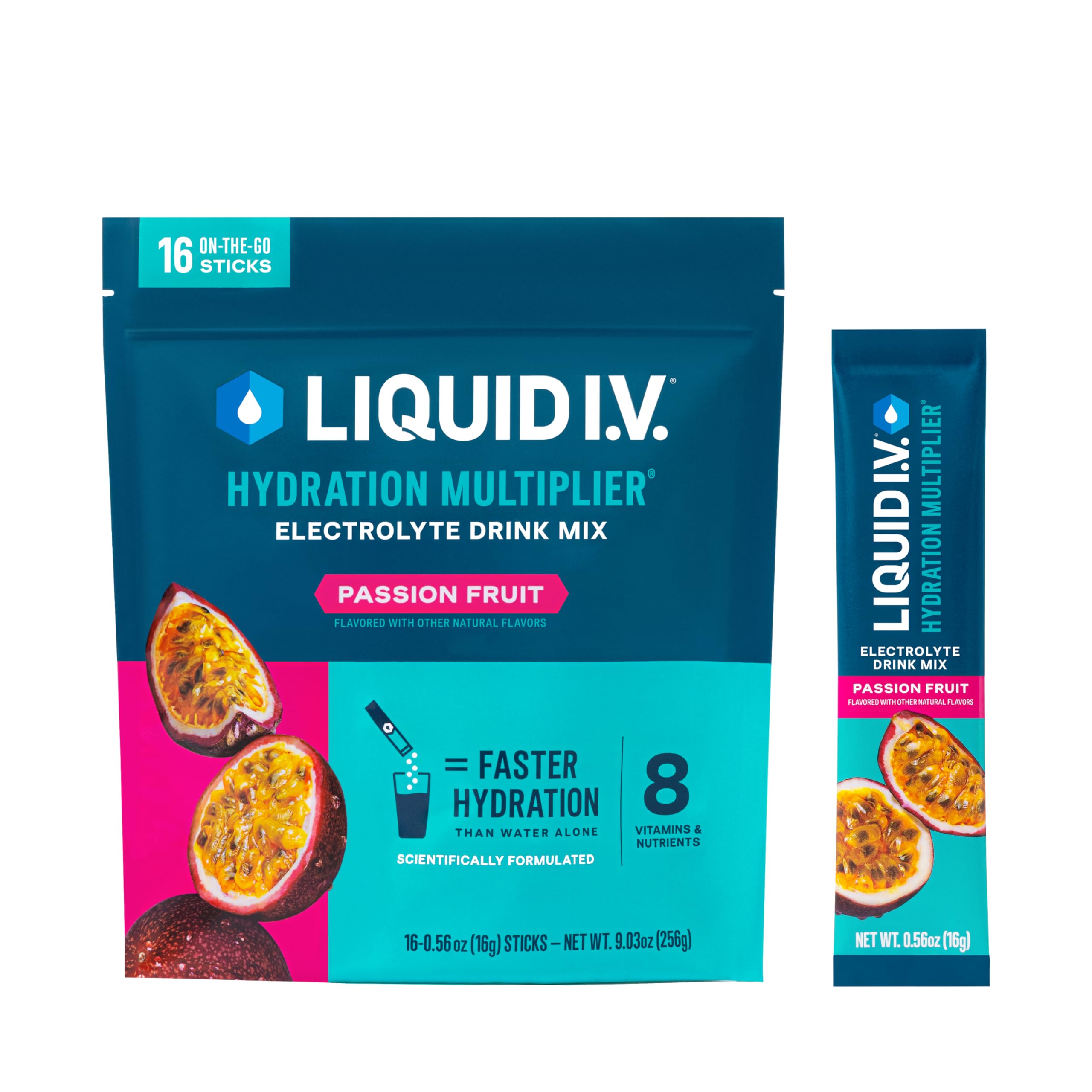 Liquid I.V. empaque frontal mostrando sabor Passion Fruit y beneficios