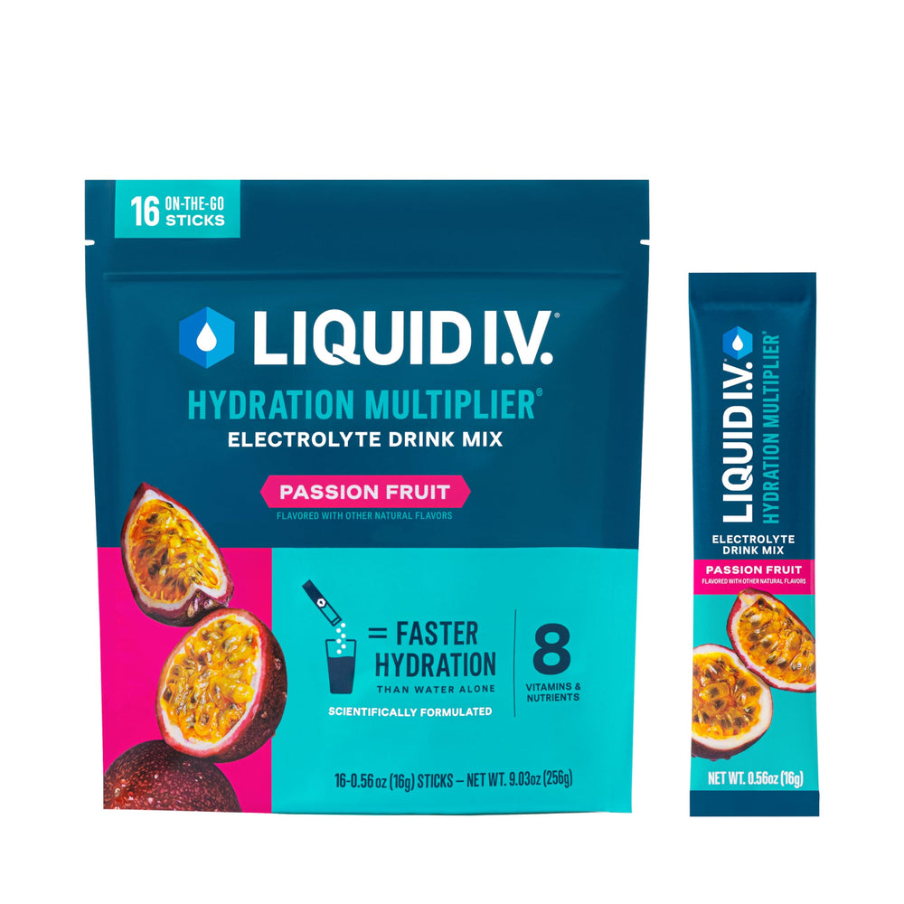 Liquid I.V. empaque frontal mostrando sabor Passion Fruit y beneficios