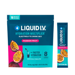 Liquid I.V. empaque frontal mostrando sabor Passion Fruit y beneficios