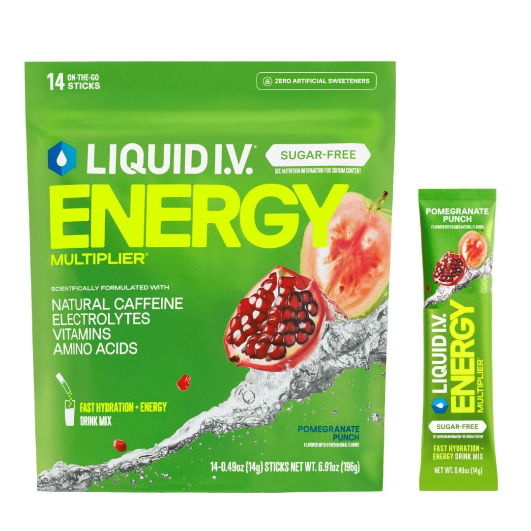 Liquid I.V. frente del embalaje Pomegranate Punch mostrando 14 sobres y conveniencia