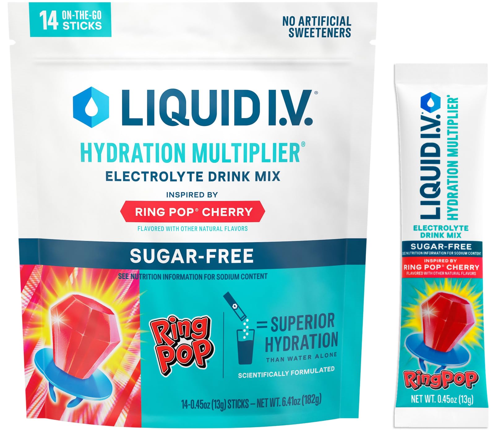 Liquid I.V. frente del empaque con sobres Cherry mostrando conveniencia