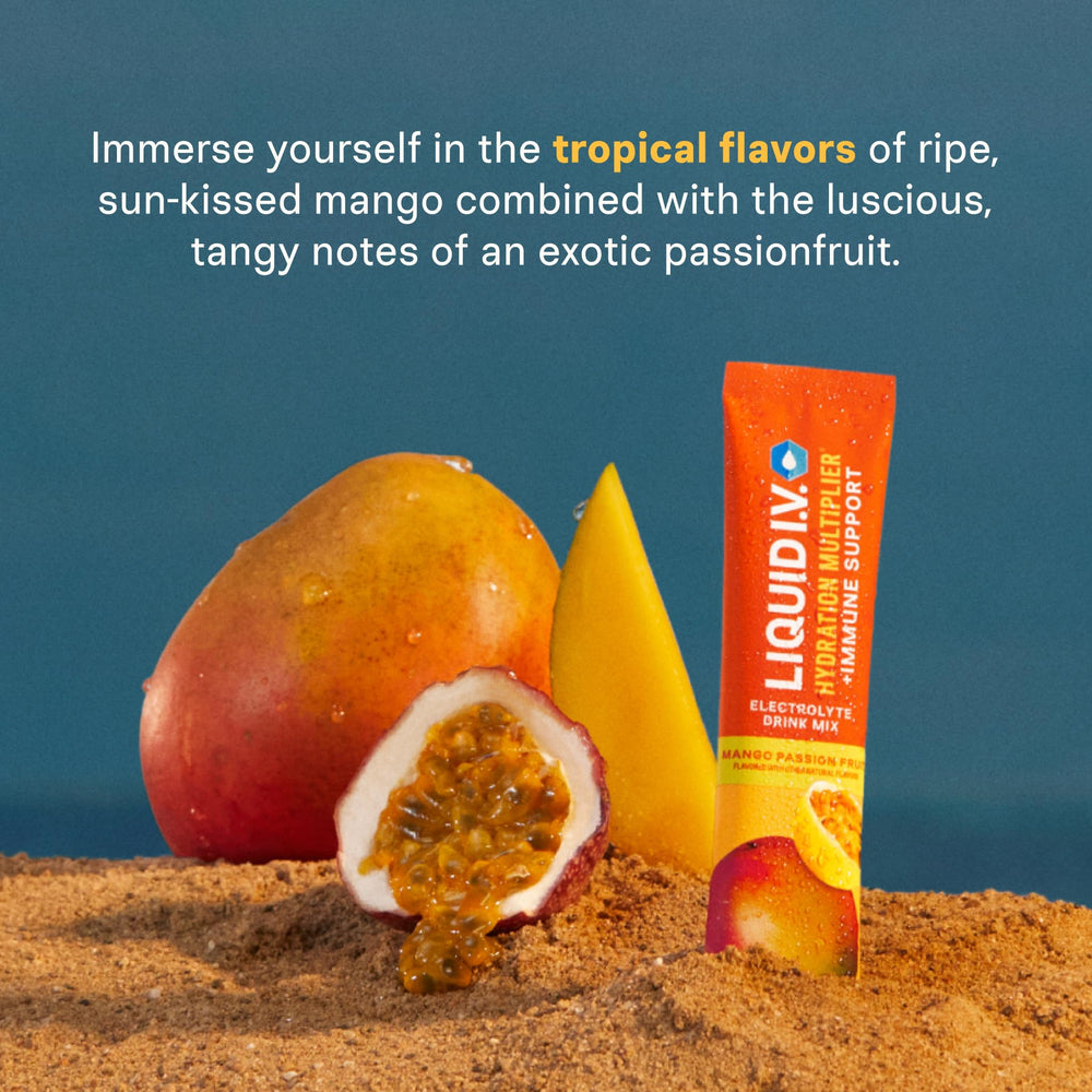 Liquid I.V. sobre abierto con polvo naranja mostrando textura y beneficio disolución fácil