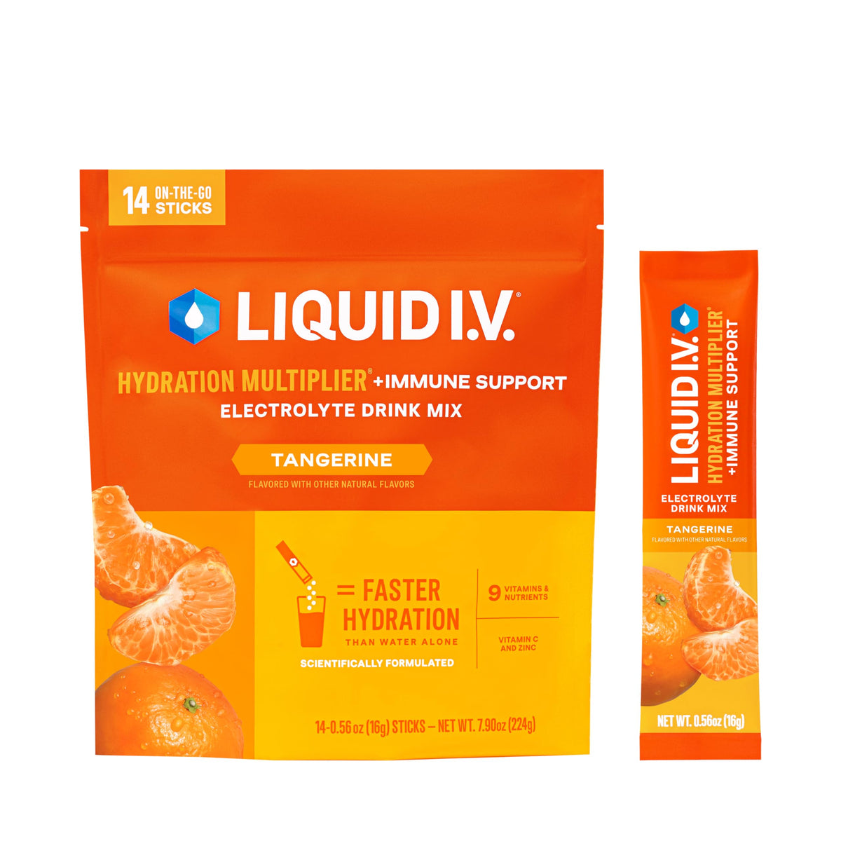 Liquid I.V. front packaging showing tangerine flavor and packet count for quick identification and convenience