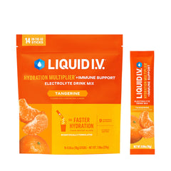 Liquid I.V. front packaging showing tangerine flavor and packet count for quick identification and convenience