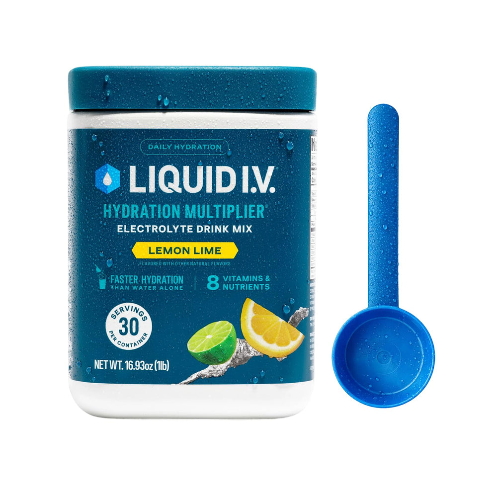 Liquid I.V. tarro frontal Lemon Lime mostrando marca y práctica presentación