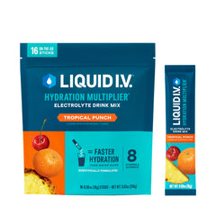Liquid I.V. front pouch showing Tropical Punch flavor and hydration benefits
