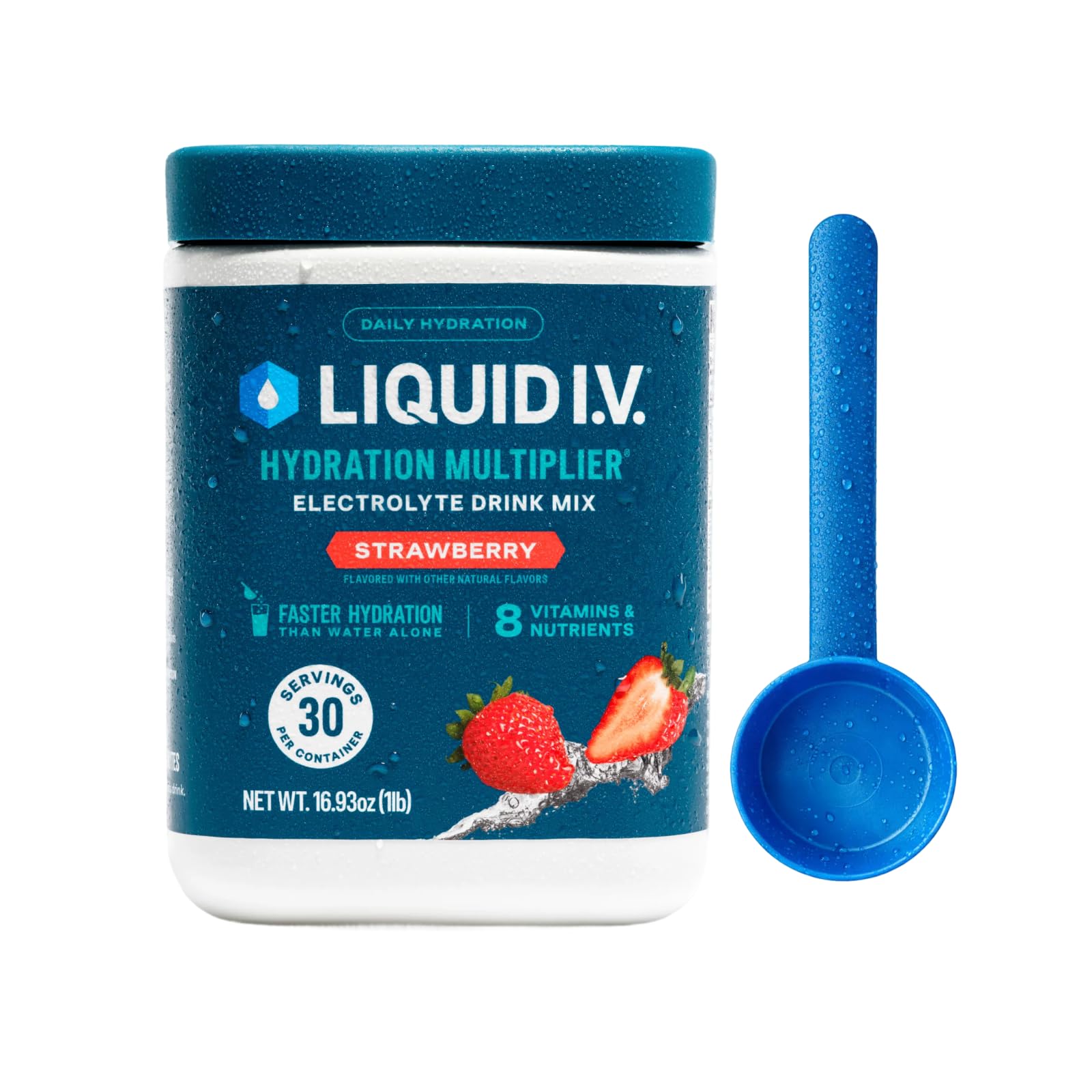 Liquid I.V. tub frontal mostrando el envase y 30 porciones, hidratación práctica