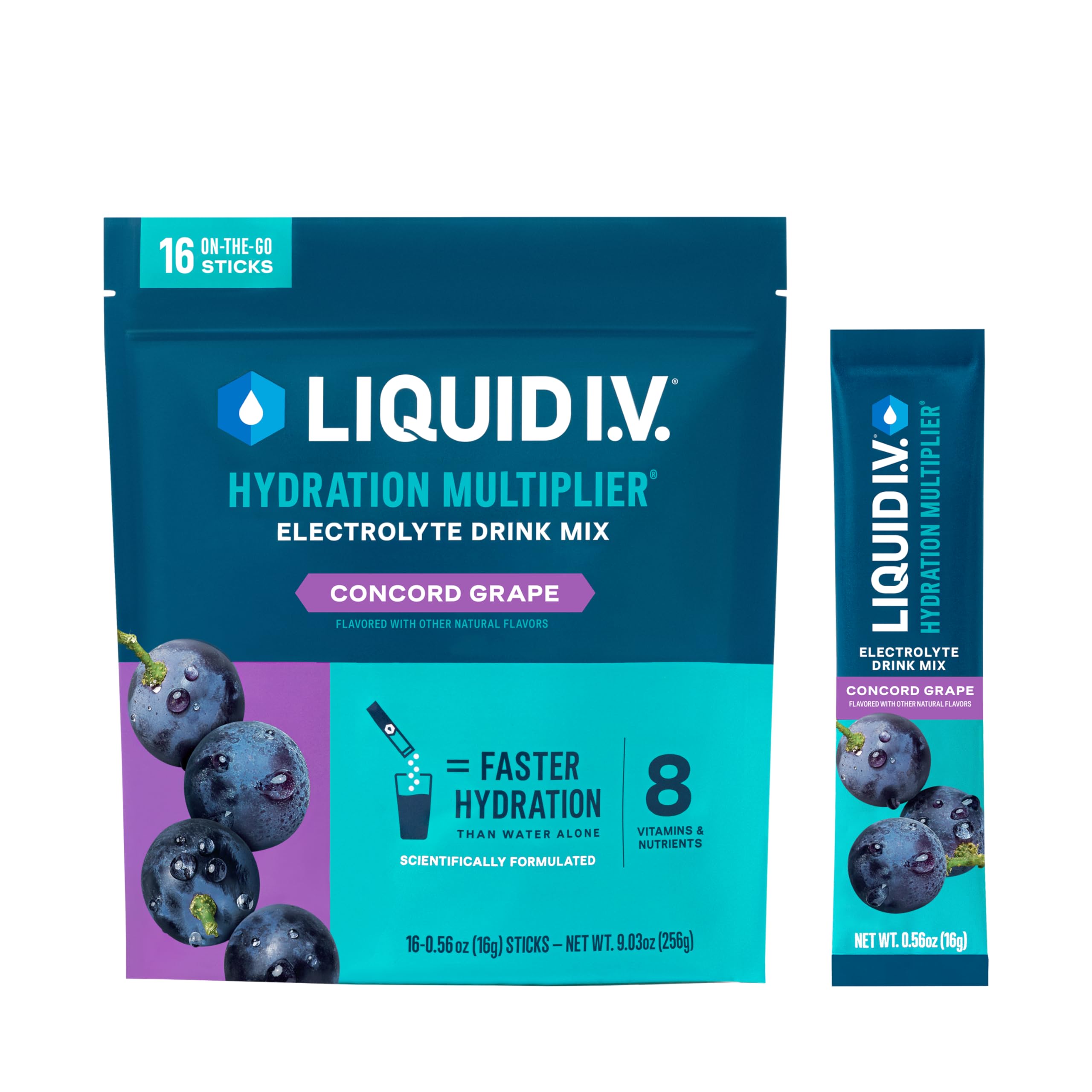 Liquid I.V. frente del empaque con diseño y 16 sobres visibles, conveniencia de transporte