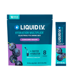 Liquid I.V. frente del empaque con diseño y 16 sobres visibles, conveniencia de transporte