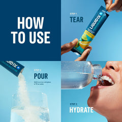 Liquid I.V. bebida preparada en vaso demostrando hidratación instantánea y refresco