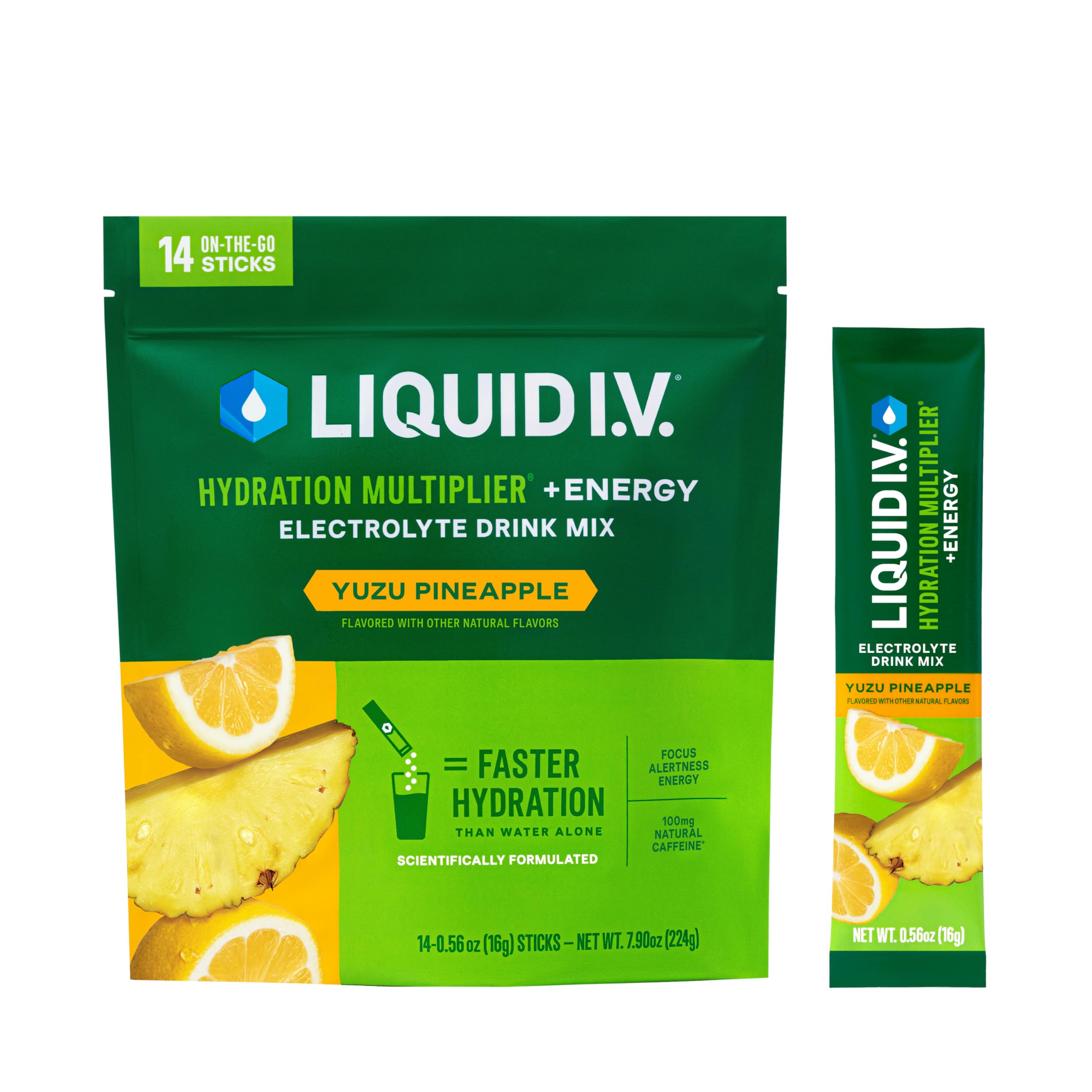 Liquid I.V. frente del empaque mostrando variedad y conveniencia