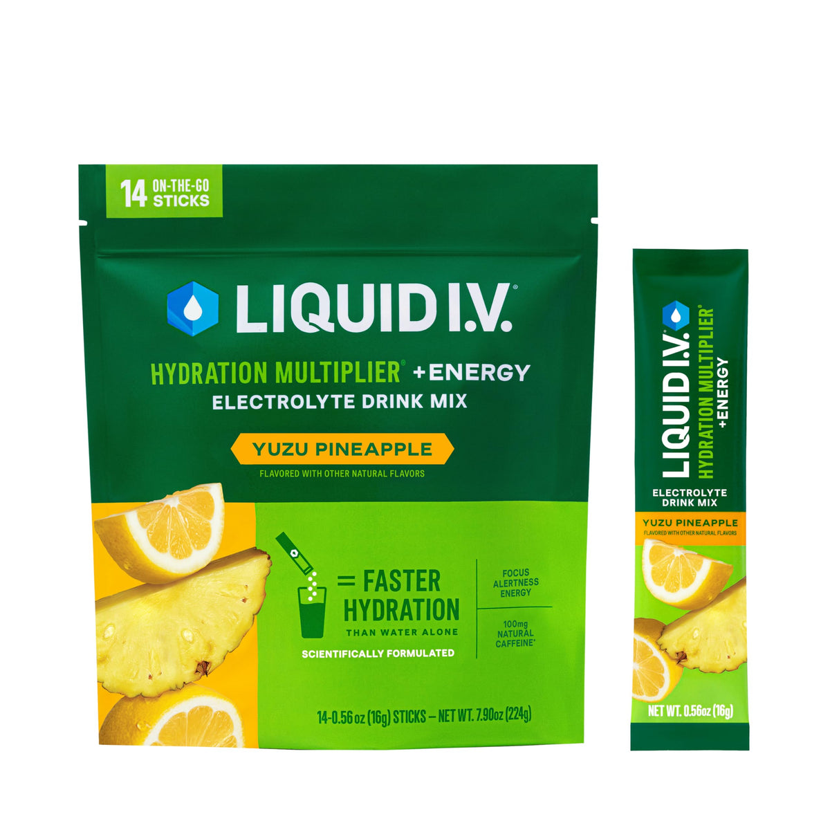 Liquid I.V. frente del empaque mostrando variedad y conveniencia