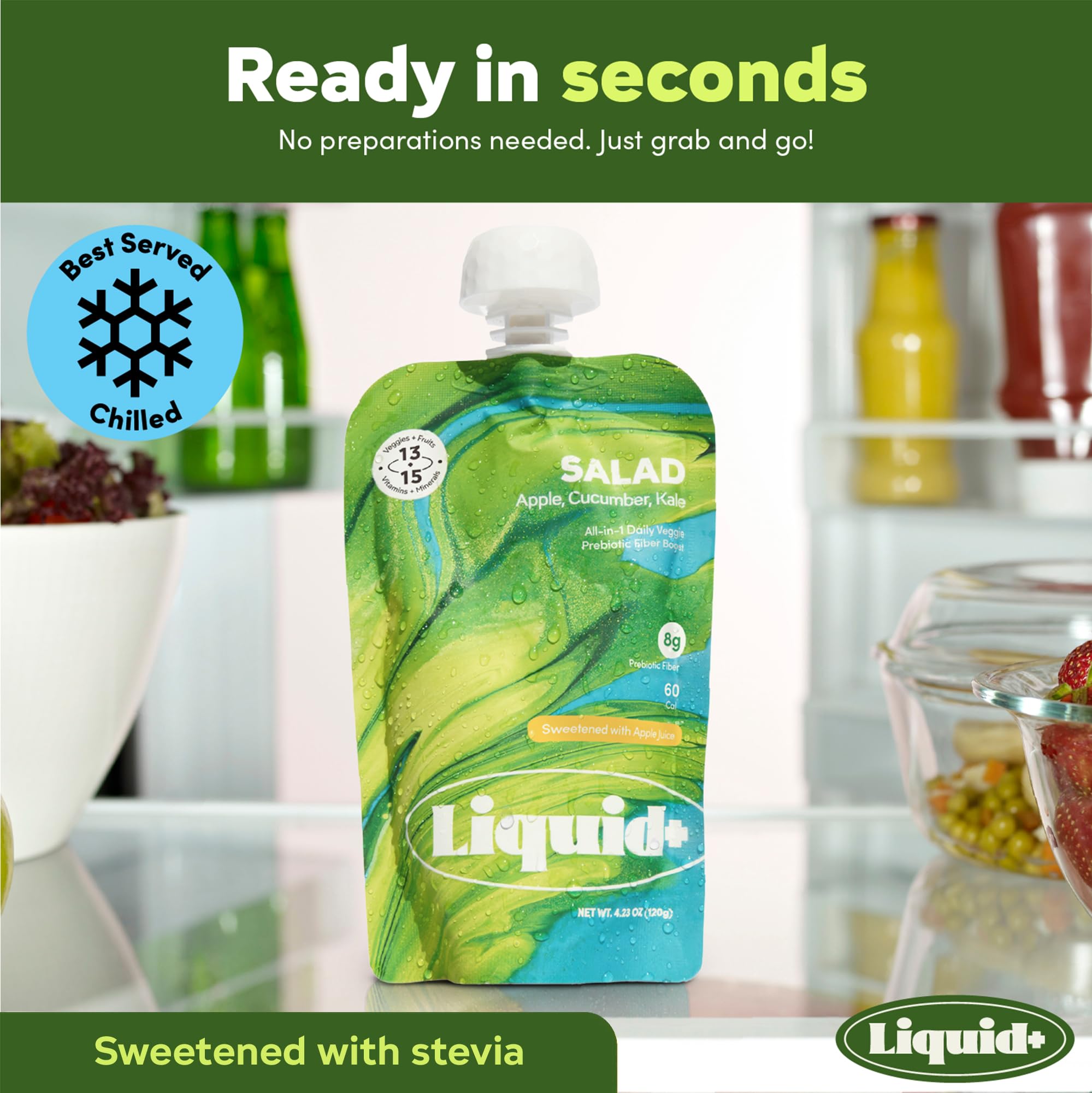 Liquid+ pouch junto a frutas y verduras destacando ingredientes
