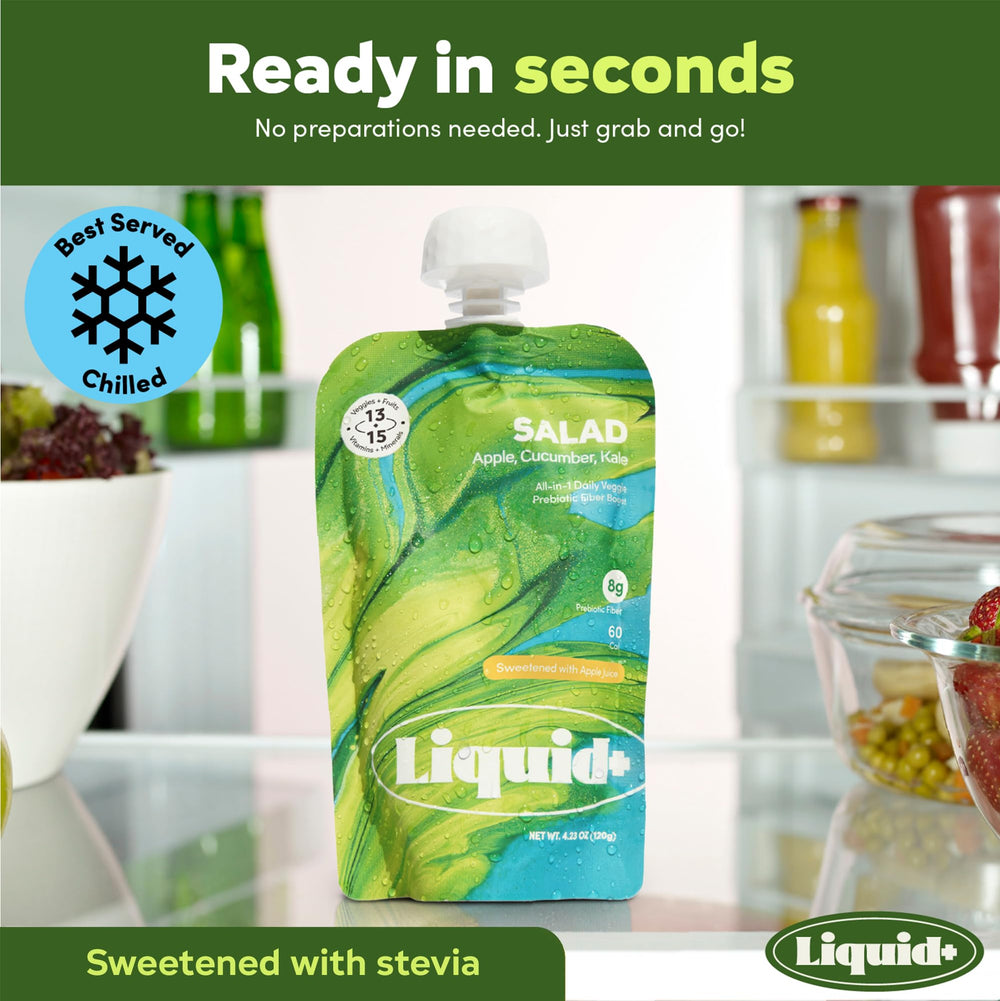 Liquid+ pouch junto a frutas y verduras destacando ingredientes