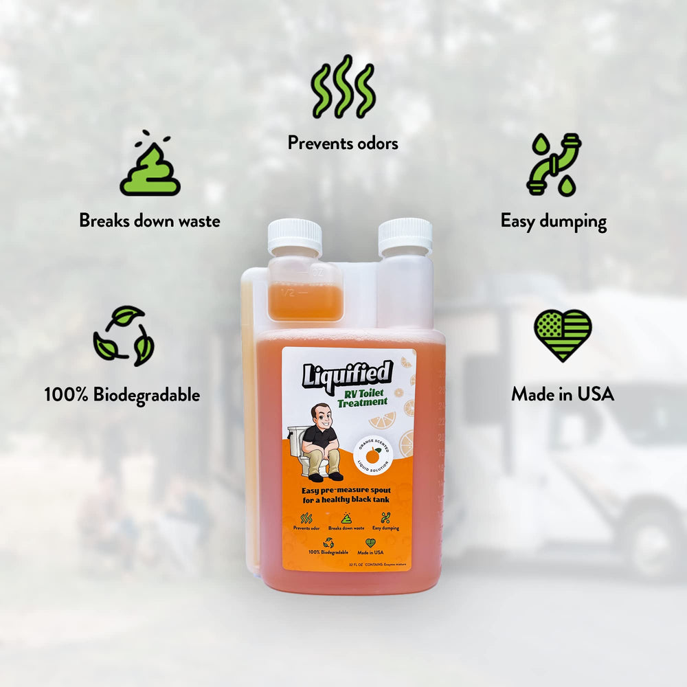 Liquified primer plano de la etiqueta con aroma naranja y beneficios ecológicos