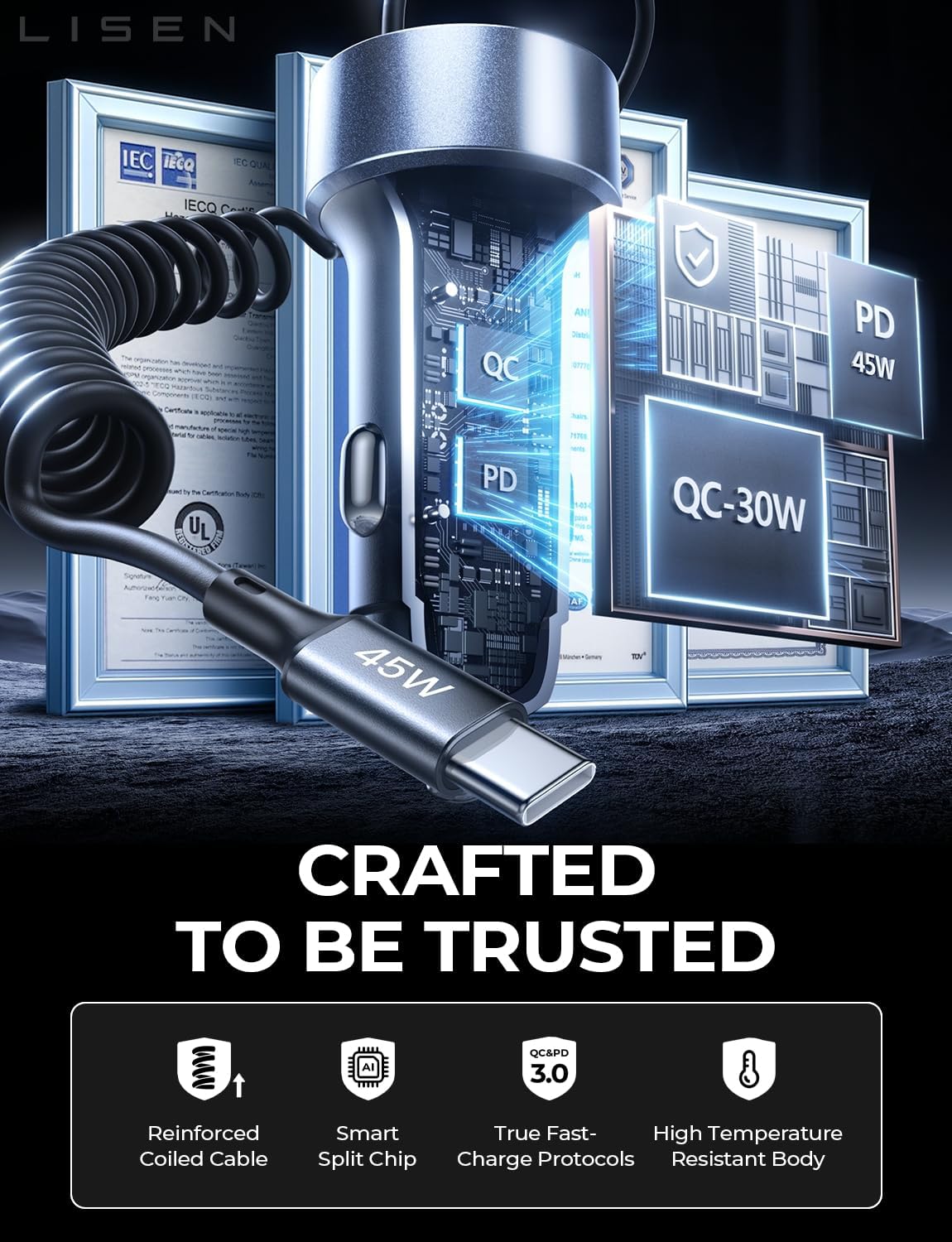 LISEN cargador alimentando tres dispositivos simultáneamente sin conflictos